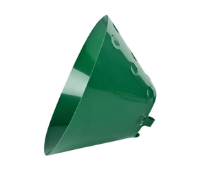 White background with an Elizabethan style green plastic recovery collar.