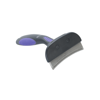 White background with a small black plastic brush with purple grip handle and a metal comb teeth pictured. 