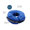 White background with a Blue nylon donut style recovery collar with details of features around it. 