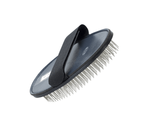 White background with a black palm-style pin brush with metal teeth and a black strap pictured, with white text on the comb 'BUSTER'. 