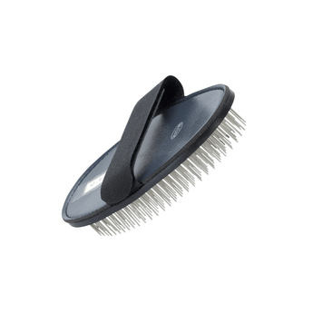White background with a black palm-style pin brush with metal teeth and a black strap pictured, with white text on the comb 'BUSTER'. 