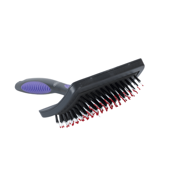 White background with a large black plastic brush with purple grip handle and plastic bristles with red tips pictured. 