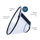 White background with a transparent plastic Elizabethan style recovery collar with details of features around it. 