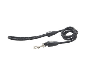 White background with a 8mm black BUSTER Reflective Rope 120 cm Lead with grey reflective thread strips. 