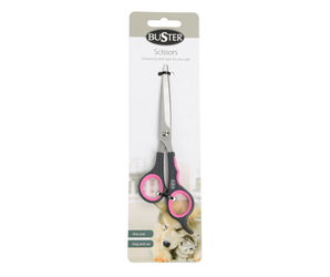 White background with a pair of black and pink handled BUSTER pet hair scissors attached to a cardboard packaging. 