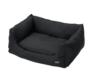 Bolster-type black dog bed pictured on a white background. 