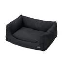 Bolster-type black dog bed pictured on a white background. 