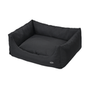Bolster-type black dog bed pictured on a white background. 