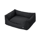 Bolster-type black dog bed pictured on a white background. 