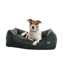 Tri-coloured Jack Russell lying in a Bolster-type black dog bed pictured on a white background. 