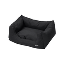 Bolster-type black dog bed pictured on a white background. 