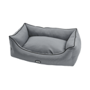 A rectangle Bolster-type grey dog bed with black trimming pictured on a white background. 