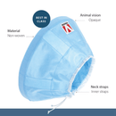 White background with a blue Elizabethan style flexible fabric recovery collar with details of features around it. 