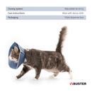 White background a grey tabby and white semi-long haired cat wearing a blue Elizabethan style soft recovery collar with a white trim, with a guide about how to care for the recovery collar. 