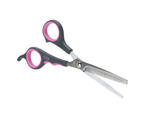 White background with a pair of black and pink handled BUSTER thinning scissors with 'BUSTER' in white text on the handle. 