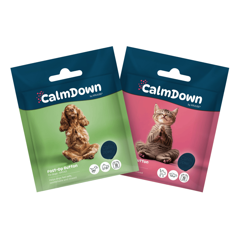 Two packages of CalmDown products for dogs and cats on a white background