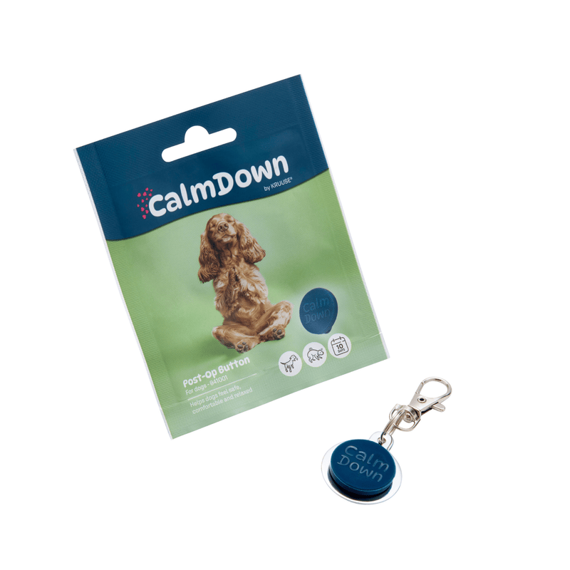 CalmDown product packaging with a dog illustration and a keychain on a white background