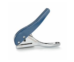 Blue and silver bottle opener on a white background