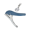 Blue and silver tool with a keychain on a white background