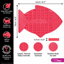 White background with a red fish shaped LickiMat Casper slow feeder mat with a ridged and bobbled surface, shaped like a fish bone. Measurements above indicating width of 22cm and to the side showing depth of 16cm. Below is the many features of the mat. 