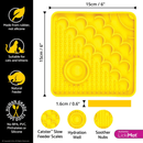 White background with a yellow square LickiMat Catster slow feeder mat with a scaly and bobbly surface. Measurements above indicating width of 15cm and to the side showing depth of 15cm. Below is the many features of the mat. 