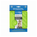 White background with a green square LickiMat Catster slow feeder mat with a scaly and bobbly surface. The Catster mat is in blue and white cardboard packaging with a cat pictured on the packet. 