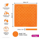 White background with a orange LickiMat Buddy slow feeder mat with a criss-cross surface. Measurements above indicating width of 20cm and to the side showing depth of 20cm. Below is the many features of the mat. 