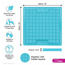 White background with a turquoise LickiMat Playdate slow feeder mat with a grid surface. Measurements above indicating width of 20cm and to the side showing depth of 20cm. Below is the many features of the mat. 
