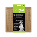 White background with a bronze LickiMat Soother slow feeder mat with a bobbly surface. The Soother mat is in black and green packaging cardboard packaging. 