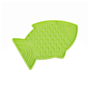 White background with a green fish shaped LickiMat Felix slow feeder mat with a scaly surface. 