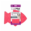 White background with a pink fish shaped LickiMat Felix slow feeder mat with a scaly surface. The Felix mat is in purple and white cardboard packaging with a cat pictured on the packet. 