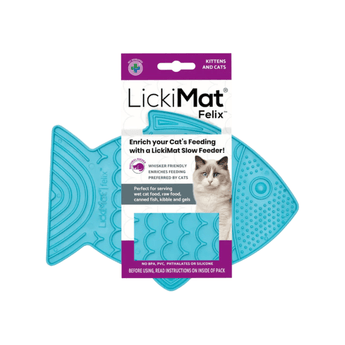 White background with a turquoise fish shaped LickiMat Felix slow feeder mat with a scaly surface. The Felix mat is in purple and white cardboard packaging with a cat pictured on the packet. 