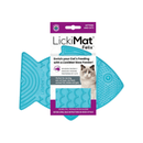 White background with a turquoise fish shaped LickiMat Felix slow feeder mat with a scaly surface. The Felix mat is in purple and white cardboard packaging with a cat pictured on the packet. 