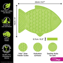 White background with a green fish shaped LickiMat Felix slow feeder mat with a scaly surface. Measurements above indicating width of 22cm and to the side showing depth of 16cm. Below is the many features of the mat. 