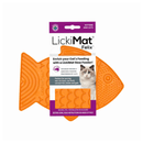 White background with a orange fish shaped LickiMat Felix slow feeder mat with a scaly surface. The Felix mat is in purple and white cardboard packaging with a cat pictured on the packet. 