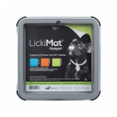 White background with a grey LickiMat Keeper for slow feeding mats. The Keeper has a black sticker inside with a French bulldog pictured and compatible feeding mats.  