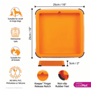 White background with a orange LickiMat Keeper for slow feeder mats. Measurements above indicating width of 25cm and to the side showing depth of 25cm. Below is the many features of the keeper. 