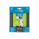 White background with a green square LickiMat Kitty slow feeder mat with a scaly and bobbly surface. The Kitty mat is in blue and white cardboard packaging with a kitten pictured on the packet. 