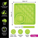White background with a green square LickiMat Kitty slow feeder mat with a scaly and bobbly surface. Measurements above indicating width of 10cm and to the side showing depth of 10cm. Below is the many features of the mat. 