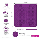 White background with a purple LickiMat MiniBuddy slow feeder mat with a criss-cross surface. Measurements above indicating width of 15cm and to the side showing depth of 15cm. Below is the many features of the mat. 