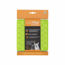 White background with a green LickiMat Mini Buddy slow feeder mat with a criss-cross surface. The Playdate mat is in black and orange packaging cardboard packaging. 