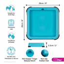 White background with a turquoise LickiMat Mini Keeper for slow feeder mats. Measurements above indicating width of 20cm and to the side showing depth of 20cm. Below is the many features of the keeper. 