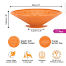 White background with a orange LickiMat Splash slow feeder with a criss-cross internal surface. Measurements above indicating width of 20cm and to the side showing depth of 5.5cm. Below is the many features of the bowl. 