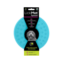 White background with a turquoise LickiMat Splash slow feeder with a criss-cross internal surface. The Splash bowl is in black cardboard packaging. 