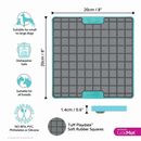 White background with a turquoise LickiMat Tuff Playdate slow feeder mat with a grey grid surface. Measurements above indicating width of 20cm and to the side showing depth of 20cm. Below is the many features of the mat. 