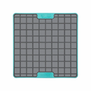 White background with a turquoise LickiMat Tuff Playdate slow feeder mat with a grey square grid surface. 