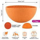 White background with a orange LickiMat Wobble slow feeder with a bobbly internal surface. Measurements above indicating width of 16cm and to the side showing depth of 9cm. Below is the many features of the bowl. 