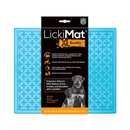 White background with a turquoise LickiMat XL Buddy slow feeder mat with a criss-cross surface. The Playdate mat is in black and orange packaging cardboard packaging. 