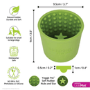 White background with a green LickiMat Wobble Yoggie Pot with a bobbly internal surface and a star at the bottom. Measurements above indicating width of 9.5cm and to the side showing depth of 9cm. Below is the many features of the bowl. 