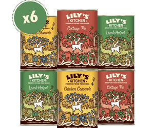 Six Lily's Kitchen Classic Dinners two of each flavour Cottage Pie, Chicken Casserole and Lamb Hotpot, stacked on a white background. 